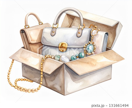 使わなくなったバッグやアクセサリーをリサイクルショップで売るイメージイラスト 131661494