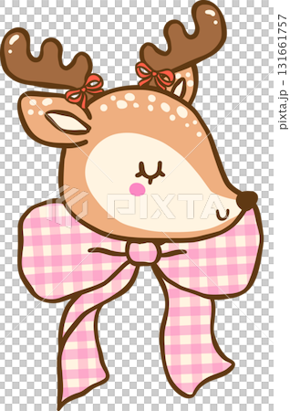 Cute  Gingham Christmas Deer with Pink Plaid Bow Illustration Hand Drawn, Coquette Preppy Christmas 131661757