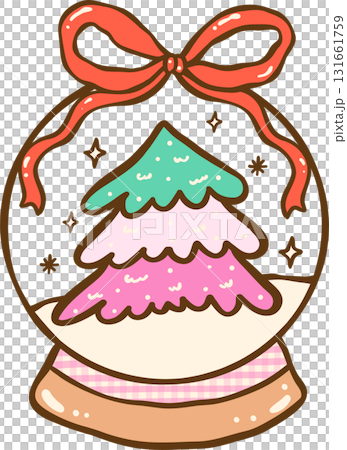 Gingham Christmas Snow Globe Christmas Tree Illustration Hand Drawn, Coquette Preppy Christmas 131661759