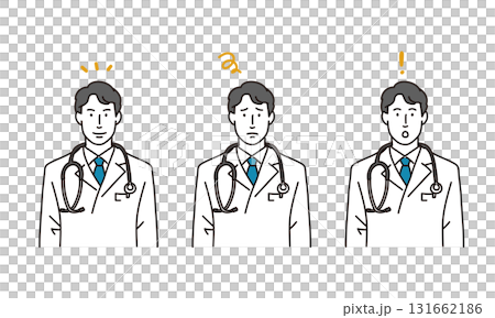 身穿白大褂的年輕男醫生面部表情變化的插圖集 131662186
