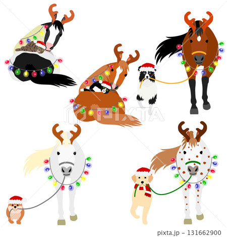 クリスマスのコスチュームをした馬と犬と猫のグループ 131662900