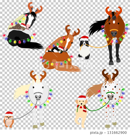 A group of horses, dogs and cats dressed in Christmas costumes A group of horses, dogs and cats dressed in Christmas costumes 131662900