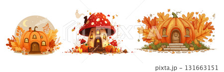Whimsical houses of pumpkins and mushrooms, created AI, PNG 131663151