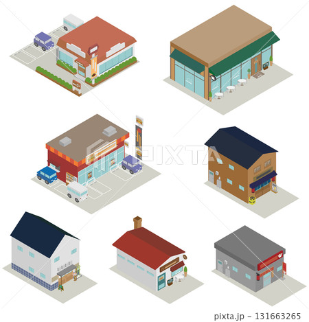 アイソメトリック　日本の飲食店の店舗　イラスト素材セット 131663265