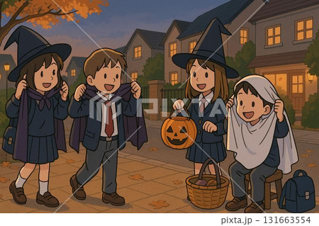 学校の帰り道で仮装し始める子どもたち 学校の帰り道で仮装し始める子どもたち 131663554