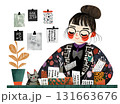A young woman with glasses and a bun smiles while working at her messy desk filled with papers and cards. A cat sits nearby as she stays happy in her creative office space.  AI-generated illustration 131663676