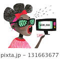 A woman screaming in shock as she sees her winning sum on the TV screen. The black lady holds the ticket, thrilled by her sudden stroke of luck. AI-generated illustration 131663677
