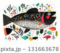 A group of colorful fish swim together underwater, surrounded by plants and leaves. Big and small fish move side by side in their natural habitat. Simple AI-generated illustration 131663678