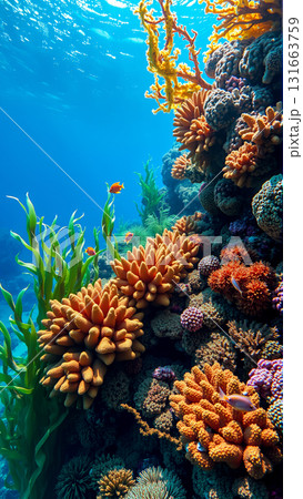 Underwater world, algae, corals, rocks at the bottom of the sea Underwater world, algae, corals, rocks at the bottom of the sea 131663759