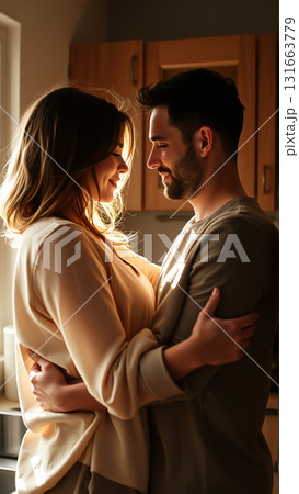 A married couple hugs in the morning in the kitchen. A man and a woman in love hugging each other in the rays of the morning sun A married couple hugs in the morning in the kitchen. A man and a woman in love hugging each other in the rays of the morning sun 131663779