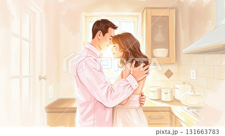 Married couple hugging in the morning in the kitchen. Man and woman in love hugging in the rays of the morning sun Married couple hugging in the morning in the kitchen. Man and woman in love hugging in the rays of the morning sun 131663783