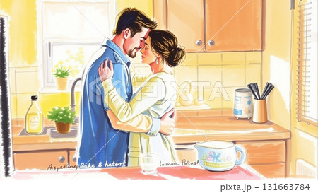 Married couple hugging in the morning in the kitchen. Man and woman in love hugging in the rays of the morning sun 131663784