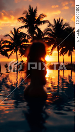 Silhouette of a beautiful woman relaxing in the pool in the setting light of the sun. The pool is surrounded by tropical trees. 131663801