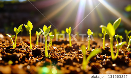 Close-up of new crop sowing. Sprouts are breaking through the soil in the rays of the sun Close-up of new crop sowing. Sprouts are breaking through the soil in the rays of the sun 131663835