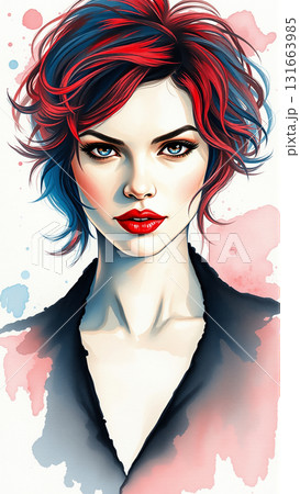 Portrait of a beautiful woman with red hair painted with watercolors Portrait of a beautiful woman with red hair painted with watercolors 131663985