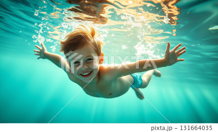 Portrait of a boy swimming underwater in a pool. A joyful child looks at the camera. Portrait of a boy swimming underwater in a pool. A joyful child looks at the camera. 131664035