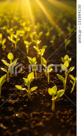 Close-up of new crop sowing. Sprouts are breaking through the soil in the rays of the sun 131664130