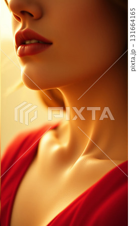 Cinematic image of beautiful woman with red lipstick on her lips, in retro style 131664165