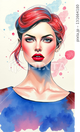 Portrait of a beautiful woman with red hair painted with watercolors 131664180