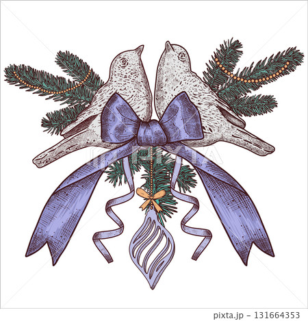 Hand drawn bird figurine with purple bow, fir branches in vintage style.Christmas decoration. Vector illustration. Hand drawn bird figurine with purple bow, fir branches in vintage style.Christmas decoration. Vector illustration. 131664353