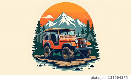 Retro Graphic Logo Featuring Jeep Expedition and Bold Adventure Concept 131664376