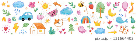 Kid crayon sketch cute child school icon background. Hand drawn crayon pencil stroke doodle flower, cartoon sun, rainbow icon elements. Kid style cute star, tree, heart shapes. Vector Kid crayon sketch cute child school icon background. Hand drawn crayon pencil stroke doodle flower, cartoon sun, rainbow icon elements. Kid style cute star, tree, heart shapes. Vector 131664402