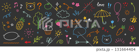 Cute kid element set. Hand drawn scribble heart, flower and cloud elements for a cute line simple kid background. Doodle drawn sketch heart, star, cloud cartoon sticker shapes. Vector 131664404