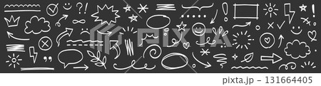 Hand line marker sketch icon set. Hand drawn marker brush stroke arrow, underline, highlight frame vector elements. Doodle sketch style arrow, smile, heart and star shapes. Vector 131664405