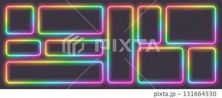 Neon glowing frames, rainbow banners light effect, bright illuminated borders. 131664530