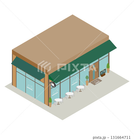 アイソメトリック カフェ 日本の街角にある モダンなコーヒーショップの建物素材 131664711