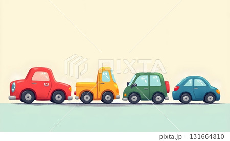 Simple Cartoon Artwork Featuring Toy-Like Rainbow Vehicles Aligned in a Row Simple Cartoon Artwork Featuring Toy-Like Rainbow Vehicles Aligned in a Row 131664810