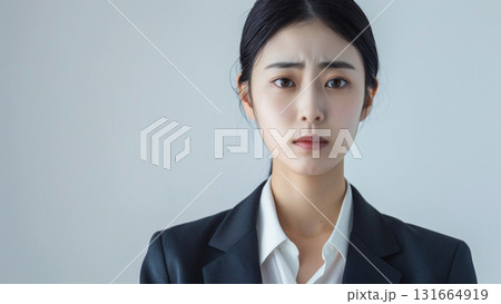 悲しいまたは真剣な表情のオフィスワーカー、中年日本人女性 悲しいまたは真剣な表情のオフィスワーカー、中年日本人女性 131664919