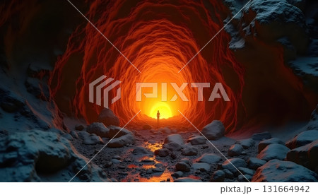Shattered Dark Cave Wall Exploding With Glowing Bright Orange Magma Energy Core 131664942