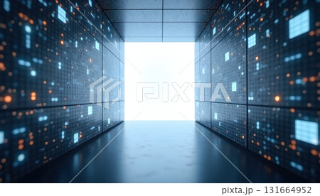 Abstract Digital Corridor Extending Into A Glowing Bright White Portal Center 131664952