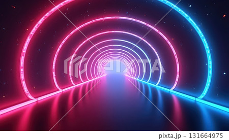 Digital Tunnel Artistic Design With Abstract Glowing Neon Layers And White Light Center 131664975