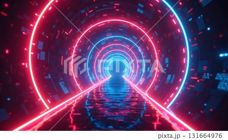 Futuristic Corridor Featuring Layered Blue Symmetry Arcs Leading To Infinity Glow 131664976