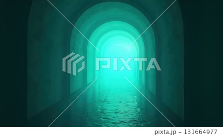 Mysterious Futuristic Passageway Illuminated By Infinite Turquoise Blue Light Perspective 131664977