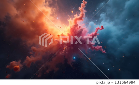 Abstract Cosmic Explosion Resembling Galaxy With Colorful Floating Dust And Light 131664994