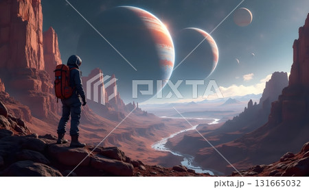 Lone Space Traveler Standing On Alien Cliffs Gazing At A Massive Planetary Ring 131665032