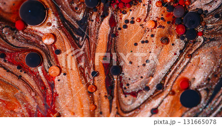 Bubble texture. Paint mix. Defocused orange red purple color sparkling round acrylic oil fluid collagen circle on abstract art background. 131665078