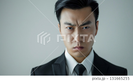険しい表情のオフィスワーカー、中年日本人男性 険しい表情のオフィスワーカー、中年日本人男性 131665255