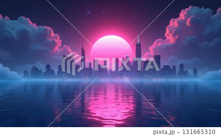 The dreamlike neon cityscape drifting across infinite waters 131665310