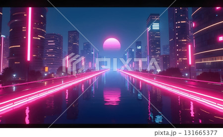 Surreal glowing skyscrapers forming the dream of a neon world 131665377