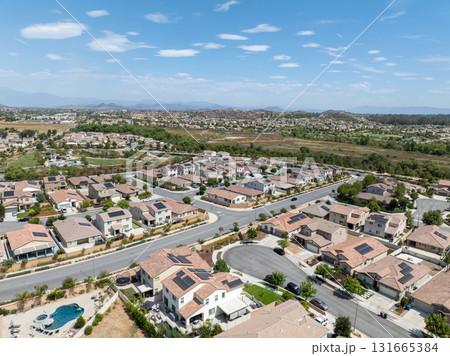 Aerial view of a sprawling neighborhood of family homes in Menifee, California, USA. 131665384