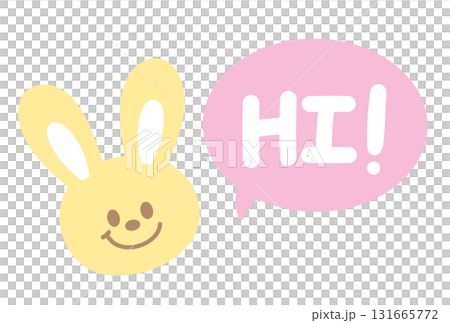 Cute HI icon with bunny for greeting card, online shopping, promotion, sticker, banner, discount, web button, campaign badge, brochure, price tag, animal, pet shop, vet, rabbit cartoon, happy easter 131665772