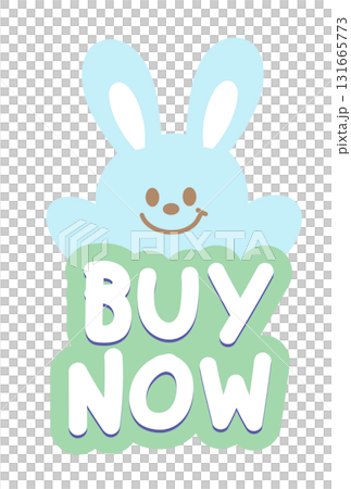 Cute BUY NOW sale icon with bunny for online shopping, promotion, sticker, banner, discount, web button, campaign badge, brochure, price tag, animal, pet shop, vet, rabbit cartoon, ads, happy easter 131665773