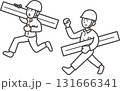 資材を運ぶ土木技師の男性二人のイラスト　線画のみ 131666341