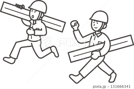 資材を運ぶ土木技師の男性二人のイラスト 線画のみ 資材を運ぶ土木技師の男性二人のイラスト 線画のみ 131666341