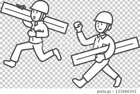 資材を運ぶ土木技師の男性二人のイラスト 線画のみ 資材を運ぶ土木技師の男性二人のイラスト 線画のみ 131666341