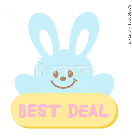 Cute BEST DEAL sale icon with bunny for online shopping, promotion, sticker, banner, discount, web button, campaign badge, brochure, price tag, animal, pet shop, vet, rabbit cartoon, ad, happy easter 131666675